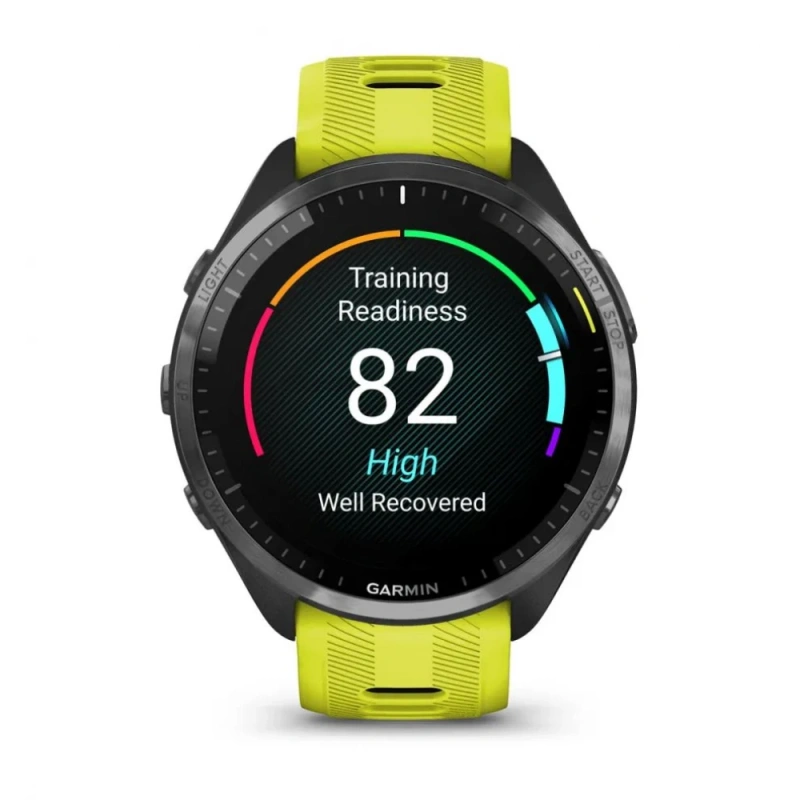 Garmin Forerunner 965 - | Carbon Grey DLC Titanium Bezel with Black Case and Amp Yellow/Black Silicone Band