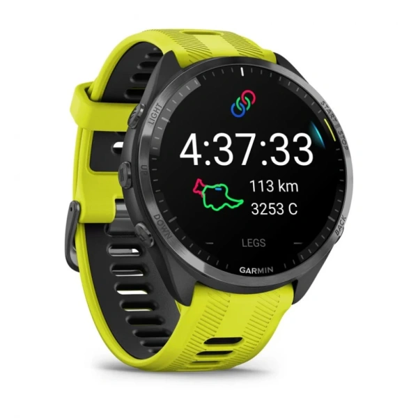 Garmin Forerunner 965 - | Carbon Grey DLC Titanium Bezel with Black Case and Amp Yellow/Black Silicone Band